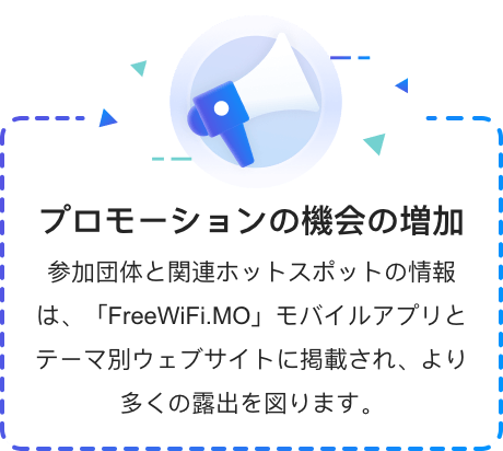 プロモーションの機会の増加 参加団体と関連ホットスポットの情報は、「FreeWiFi.MO」モバイルアプリとテーマ別ウェブサイトに掲載され、より多くの露出を図ります。
